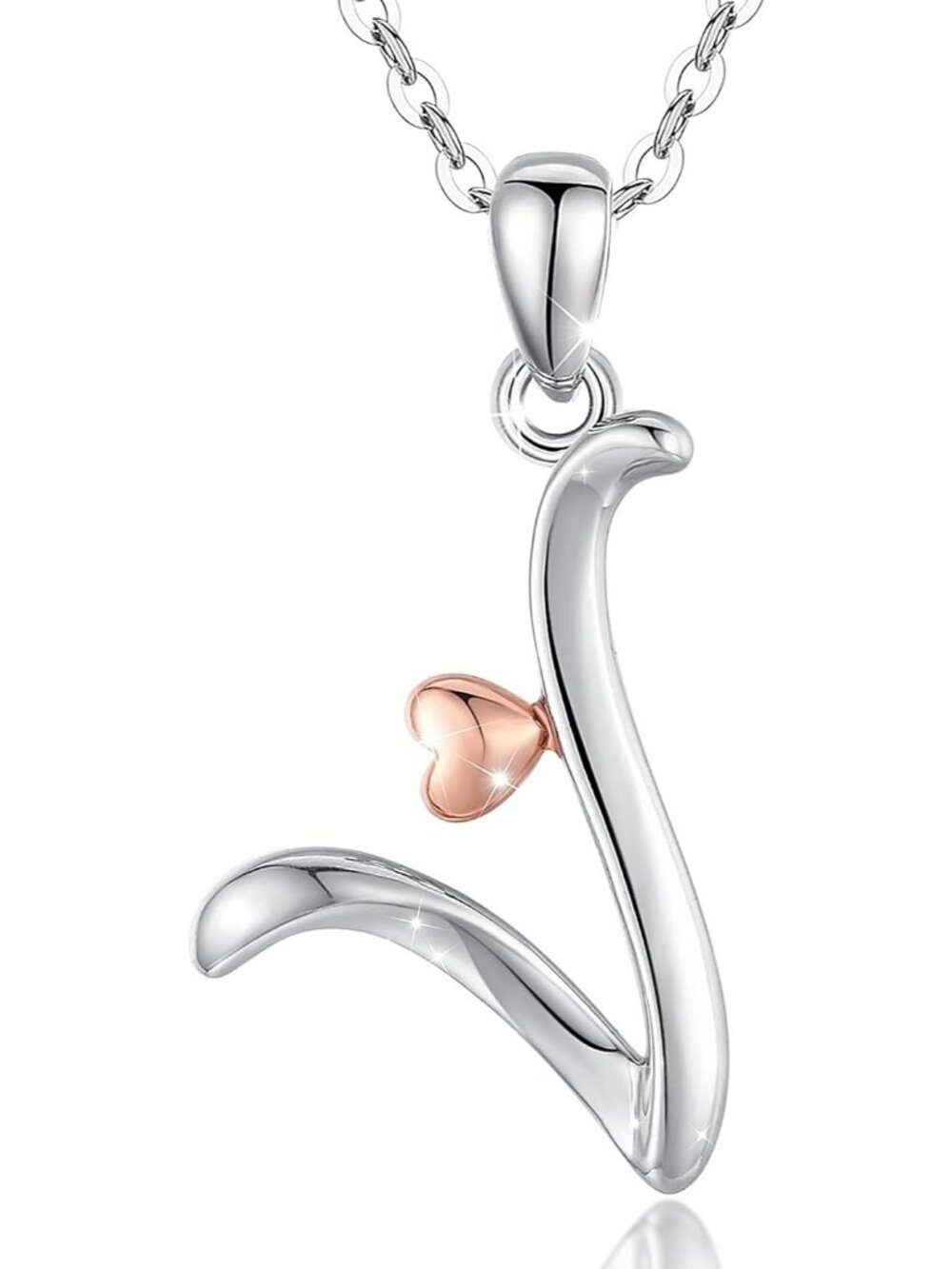 Women's Initial V Necklace Sterling Silver Letter Pendant Rose Gold Heart Chain